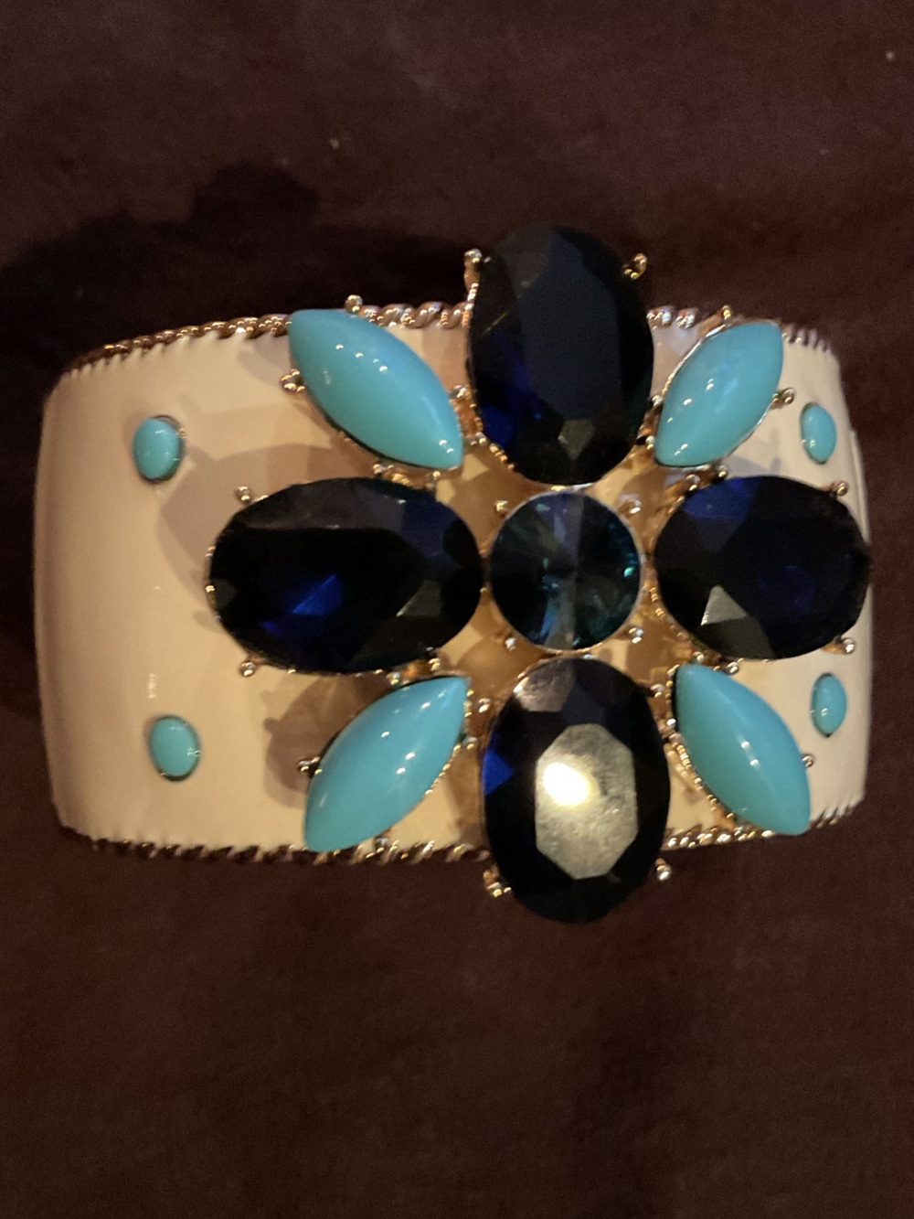 Stella & Dot White Cuff with Navy and Turquoise Gem Flower